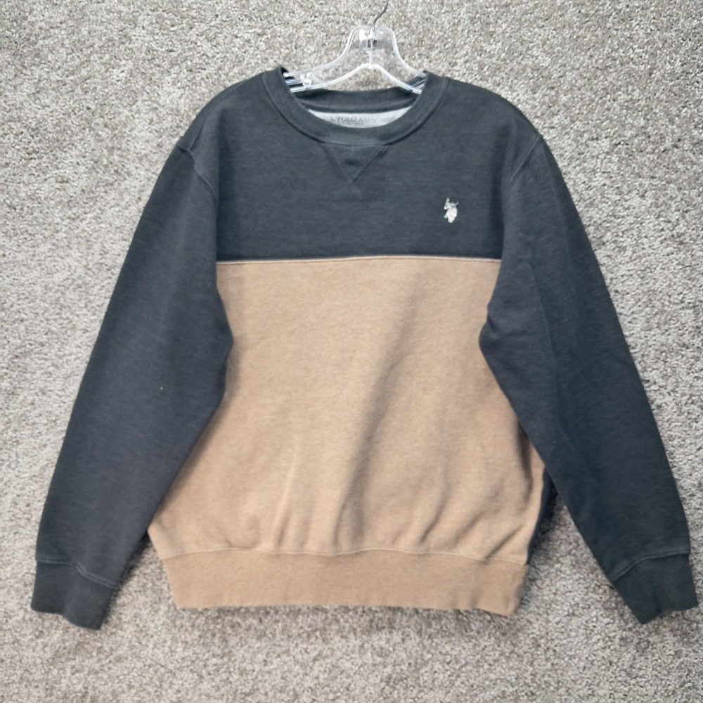 US Polo Assn Mens Colorblock‎ Crewneck Sweatshirt Charcoal Tan Large